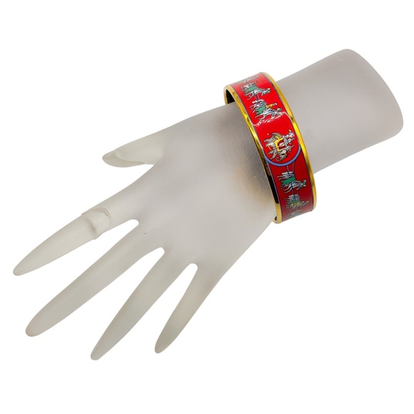 HERMES RED MULTI HORSE AND ELEPHANT PRINT ENAMEL WIDE BANGLE BRACELET - Picture 3 of 7